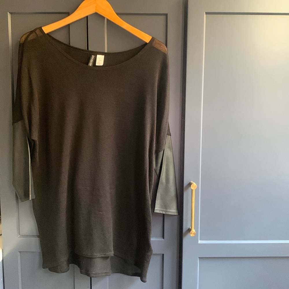 Divided H&M Black Thin Knit Long Sleeve Top with Faux Leather Sleeves- Size M